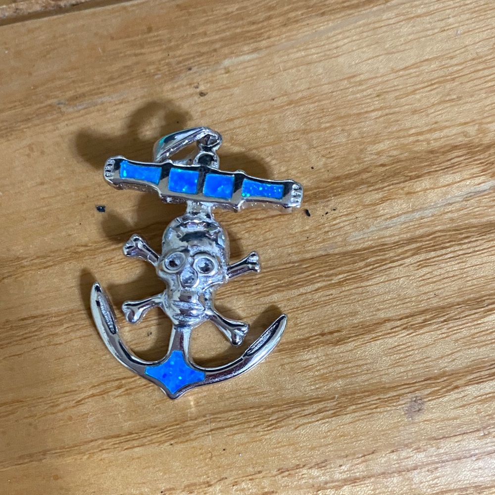 Blue and Silver Skull Anchor Pendant
